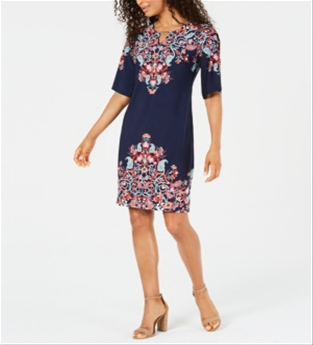 JM Collection Women's Printed Embellished Split Sleeve Dress Blue Size 3X