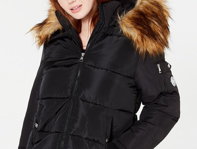 Madden Girl Junior's Hooded Faux Fur Trim Puffer Coat Black Size X-Small