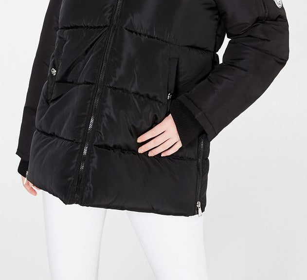 Madden Girl Junior's Hooded Faux Fur Trim Puffer Coat Black Size X-Small