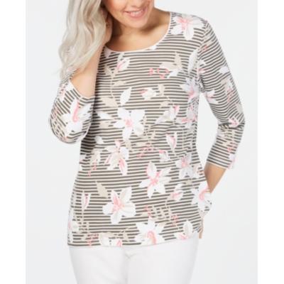 Karen Scott Women's Green Striped Floral 3/4 Sleeve Scoop Neck T-Shirt Top Size XS