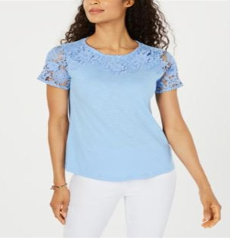 Charter Club Women's Cotton Lace Embellished T-Shirt Blue Size Medium