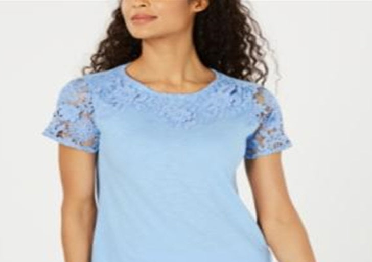 Charter Club Women's Cotton Lace Embellished T-Shirt Blue Size Medium