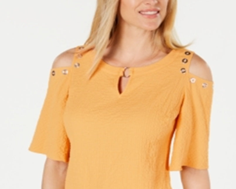 JM Collection Women's Crinkle Texture Cold Shoulder Blouse Yellow Size Medium