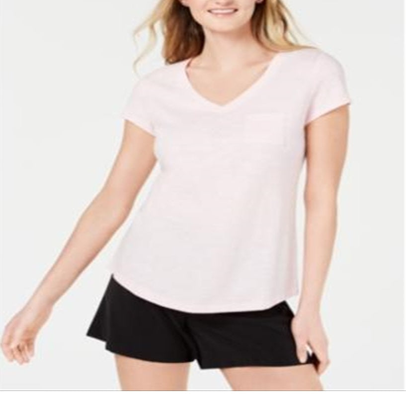 Maison Jules Women's V Neck Patch-Pocket T-Shirt Pink Size X-Large