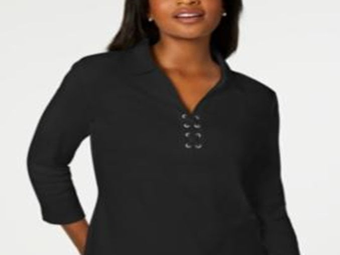 Karen Scott Women's Cotton Lace up Shirt Black Size XX-Large