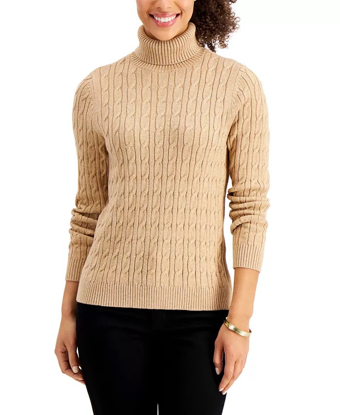 Charter Club Women's Cable Knit Turtleneck Sweater Brown Size Petite M