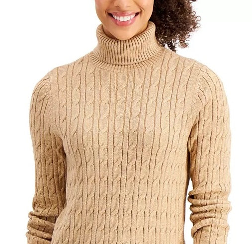 Charter Club Women's Cable Knit Turtleneck Sweater Brown Size Petite M