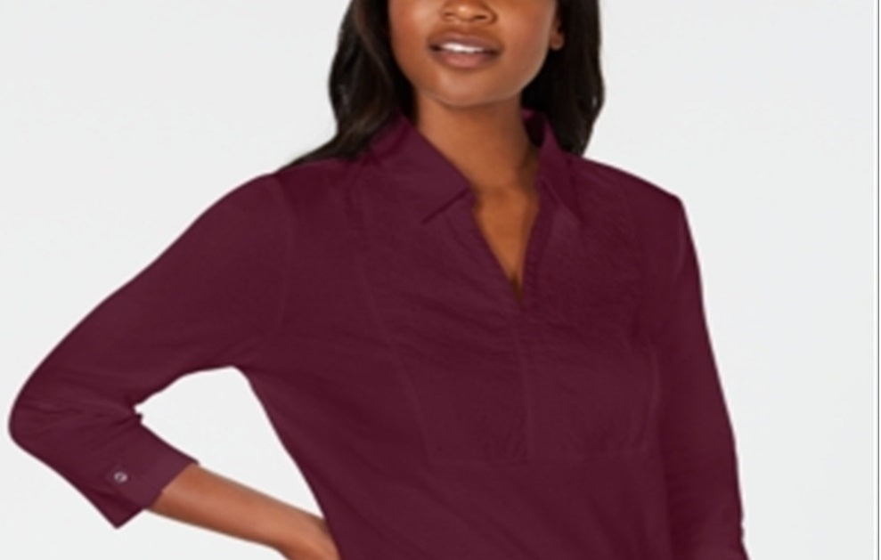 Karen Scott Women's Cotton Eyelet Yoke Top Red Size X-Large