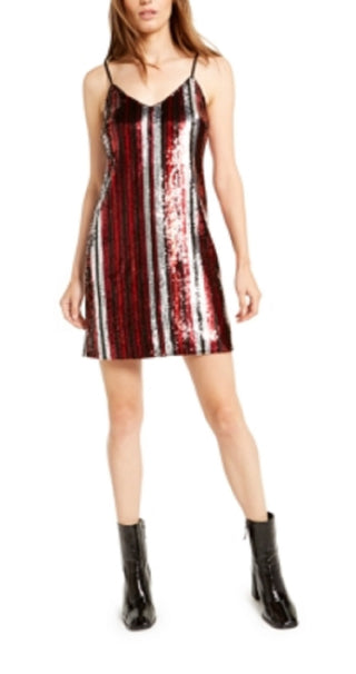 Bar III Women's Sequined Striped Spaghetti Strap V Neck Short Shift Party Dress Black Size XX-Small