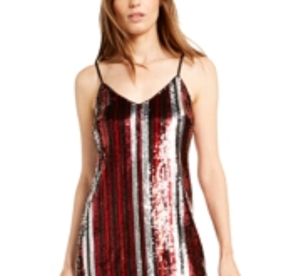 Bar III Women's Sequined Striped Spaghetti Strap V Neck Short Shift Party Dress Black Size XX-Small
