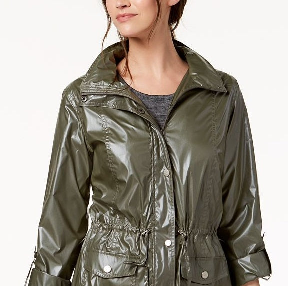 Style & Co Women's Shiny Roll Tab Sleeve Anorak Coat Green Size Large