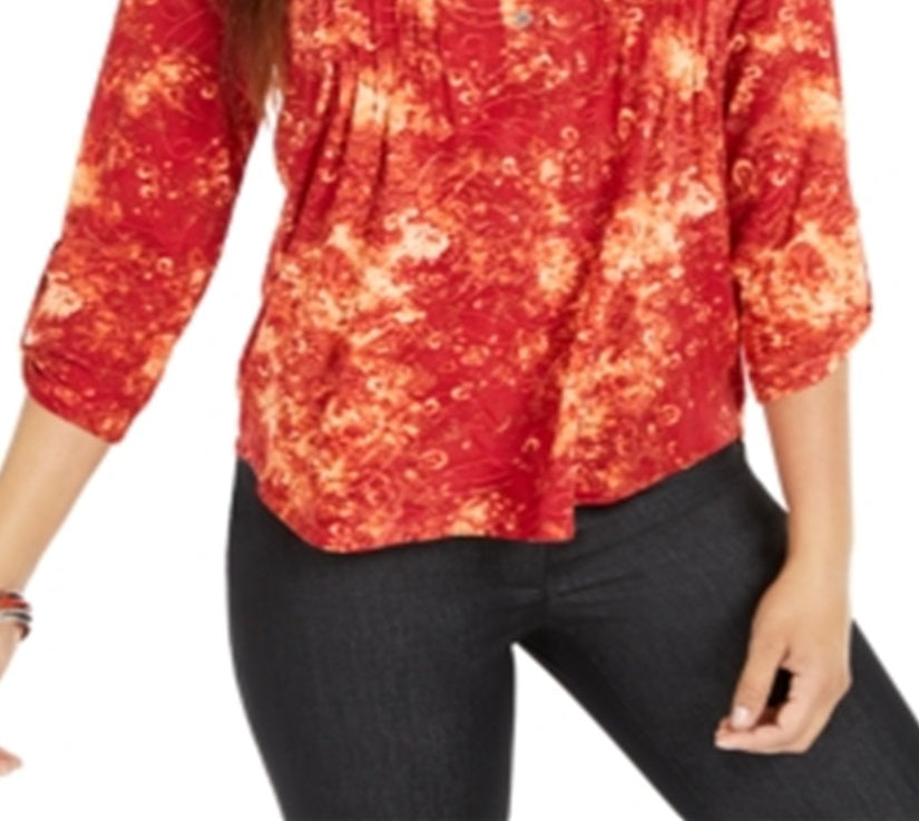 NY Collection Women's Notations 3/4 Sleeve Split Button Neck Tee Red Size Petite Large