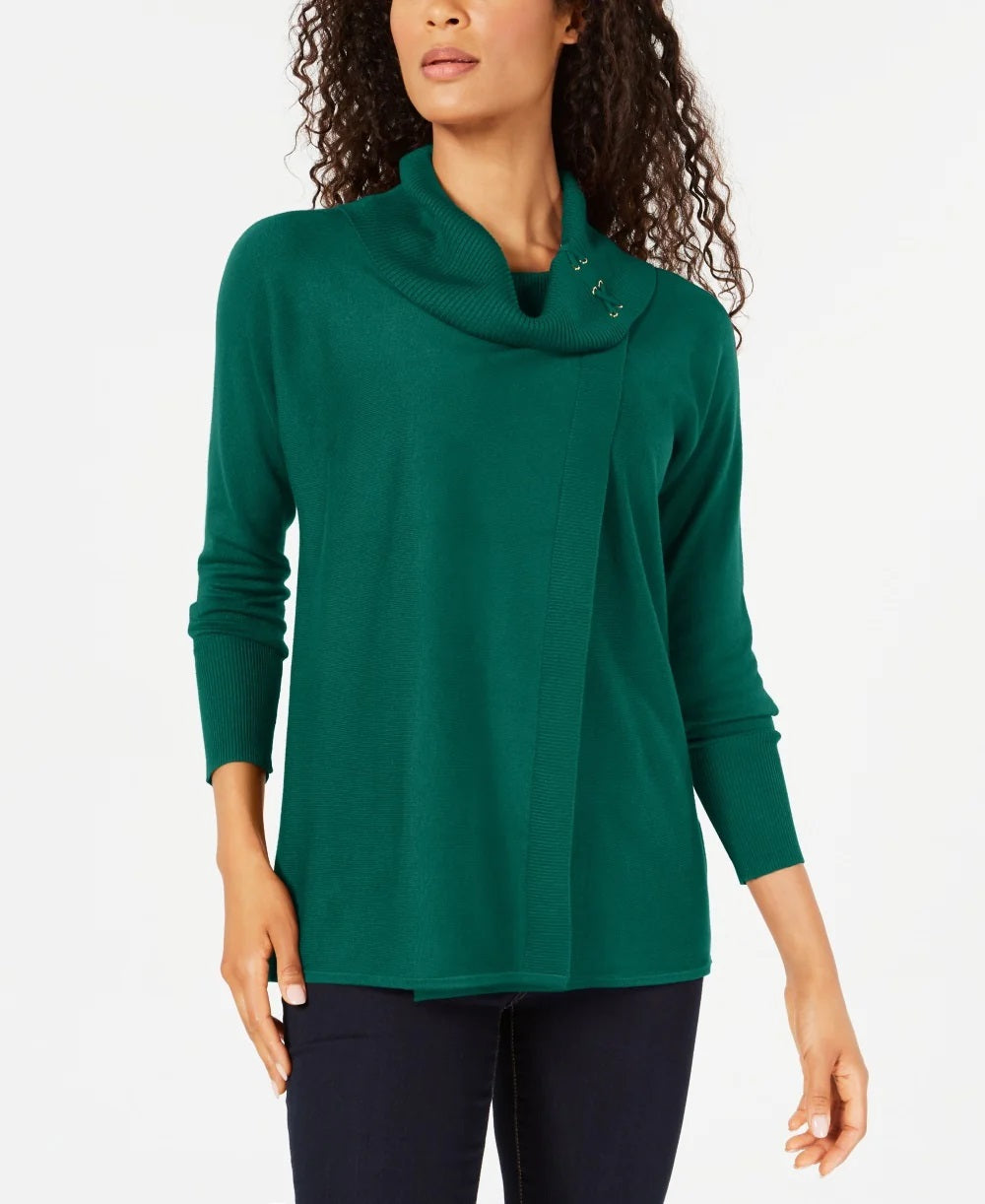 JM Collection Women's Faux-Wrap Cowl-Neck Sweater Teal Abyss Size XXL