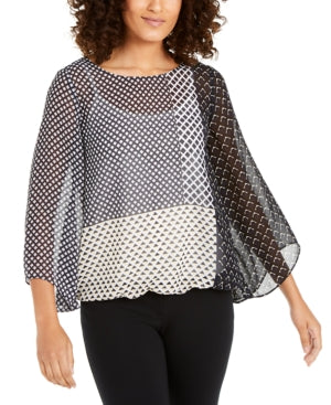 Alfani Women's Petite Angel-Sleeve Printed Top Black Size Petite Medium