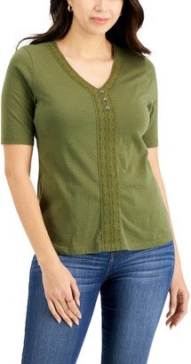 Karen Scott Women's Crochet Trim Henley Top Green Size XL