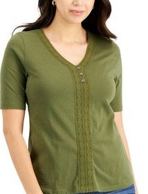 Karen Scott Women's Crochet Trim Henley Top Green Size XL