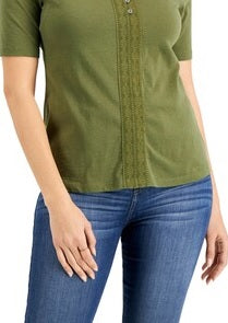 Karen Scott Women's Crochet Trim Henley Top Green Size XL