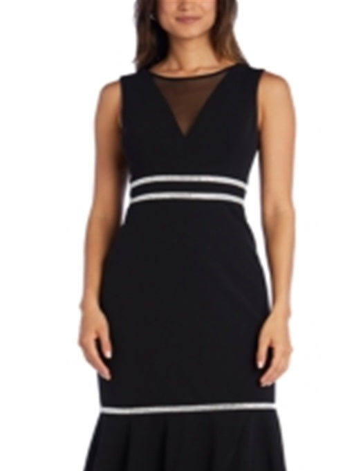 R & M Richards Women's Embellished Sleeveless Illusion Neckline Maxi Formal Drop Waist Dress Black Size 10 Petite