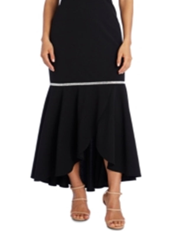 R & M Richards Women's Embellished Sleeveless Illusion Neckline Maxi Formal Drop Waist Dress Black Size 10 Petite