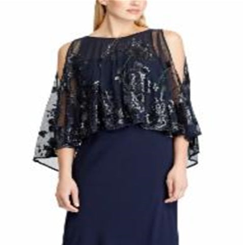Ralph Lauren Women's Sequined Overlay Georgette Gown Blue Size 12