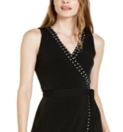 INC International Concepts Women's Studded Trim Faux Wrap Dress Black Size Petite S