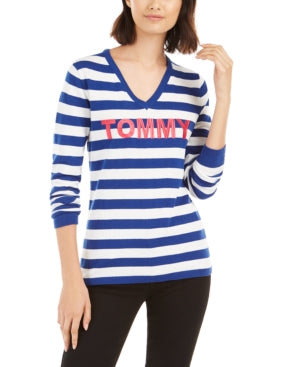 Tommy Hilfiger Women's Blue Striped Long Sleeve V Neck Top Size XL