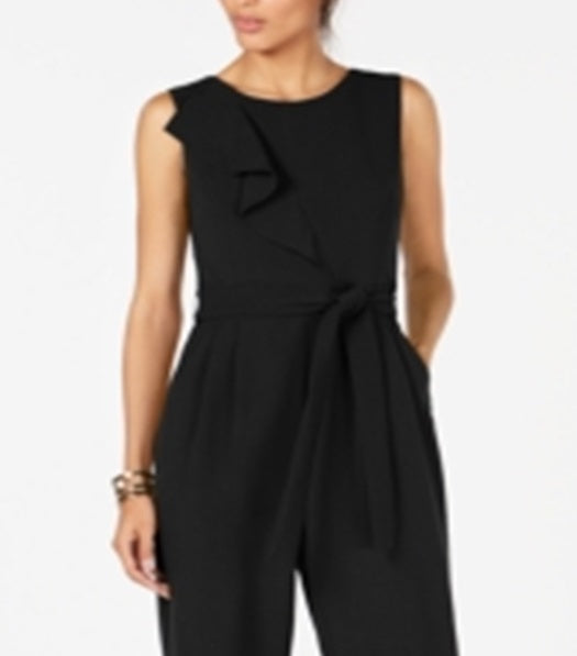 Jessica Howard Women's Cascading Ruffle Ruched at Side Sleeveless Jewel Neck Evening Cropped Jumpsuit Black Size 14