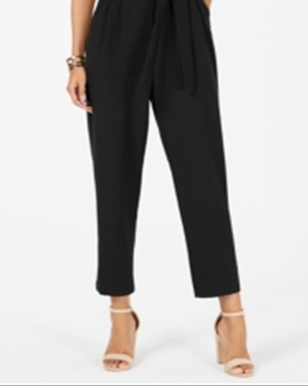 Jessica Howard Women's Cascading Ruffle Ruched at Side Sleeveless Jewel Neck Evening Cropped Jumpsuit Black Size 14