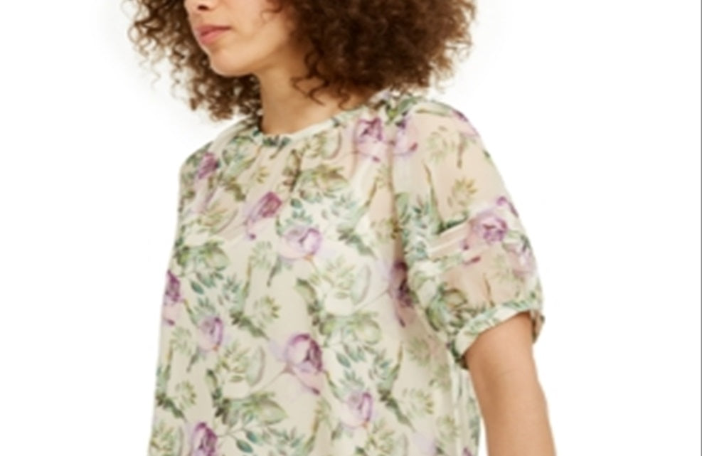 INC International Concepts Women's Puff Sleeve Floral Blouse White Size X-Large