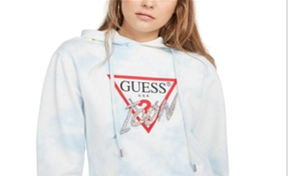 Guess Women's Dye Embellished Icon Sweatshirt Tie Blue Size Medium