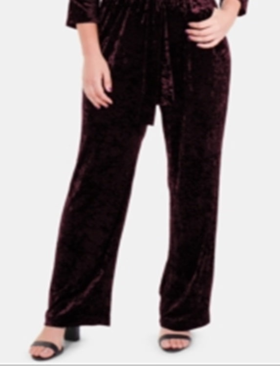 NY Collection Women's Velvet Ruched Sleeve Jumpsuit Red Size Petite Small