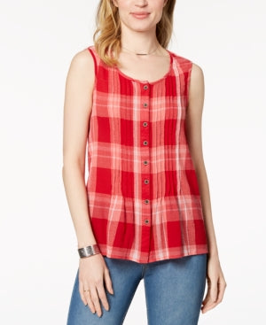Style & Co Women's Cotton Plaid Shirt Red Size Large