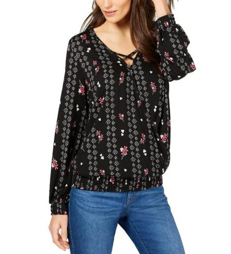 Style & Co. Women's Printed Smocked Top Black Size S