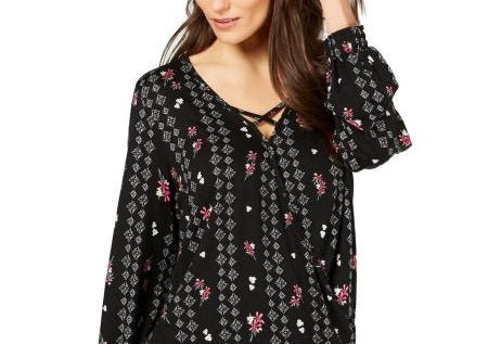 Style & Co. Women's Printed Smocked Top Black Size S