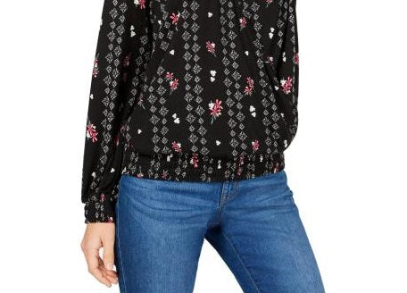 Style & Co. Women's Printed Smocked Top Black Size S