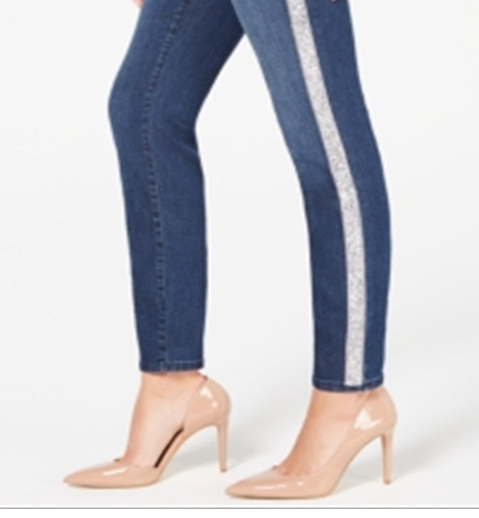 INC International Concepts Women's Embellished-Stripe Skinny Jeans Blue Size 2 Petite