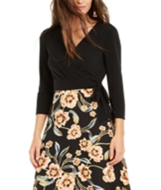 INC International Concepts Women's Tie-Side Printed-Skirt Dress Black Size 16