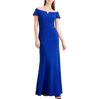 Calvin Klein Women's Zippered Solid Short Sleeve Off Shoulder Full-Length Fit Flare Evening Dress Blue Size 4