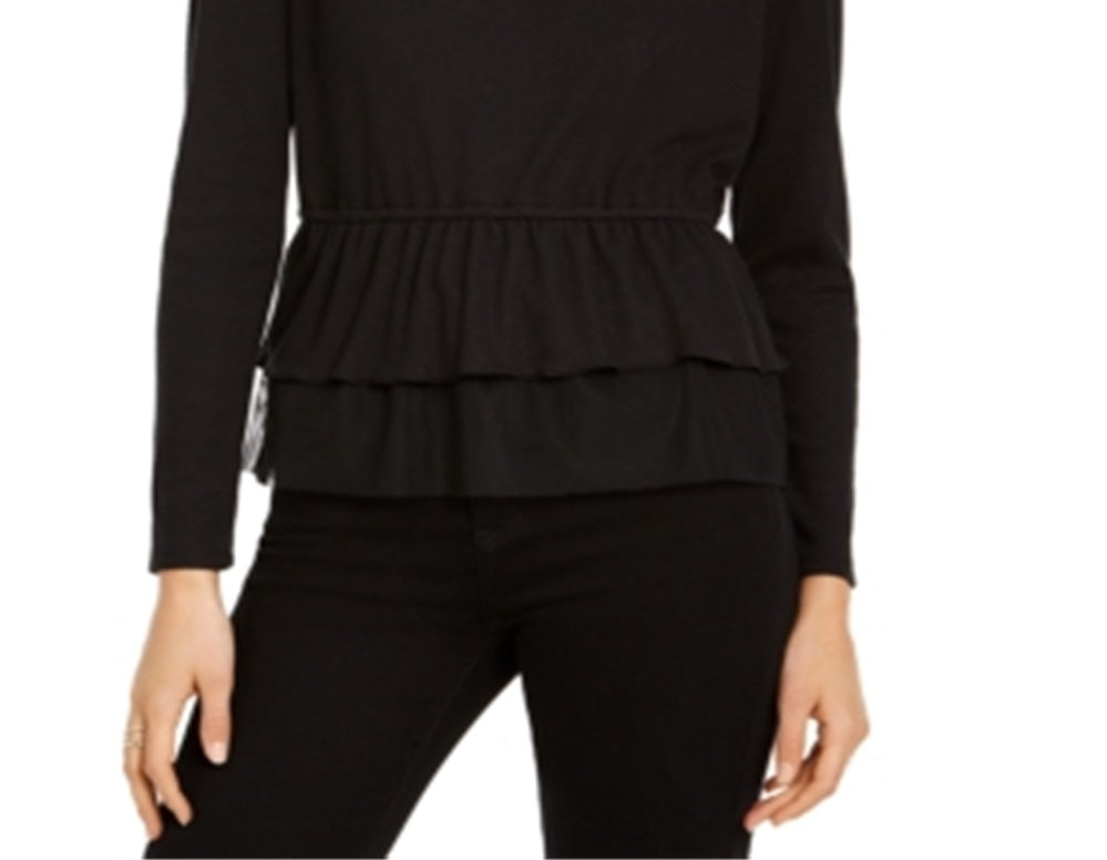 INC Women's V Neck Long Sleeve Peplum Top Black Size Large