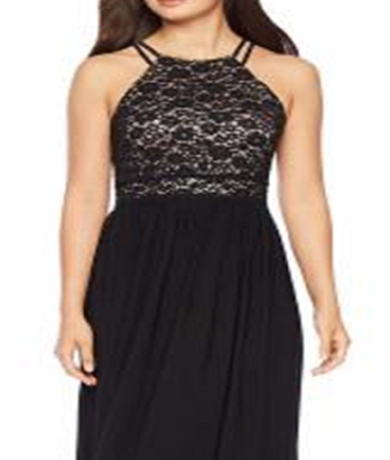 Nightway Women's Lace Sleeveless Halter Full Length Evening Fit Flare Dress Black Size 4