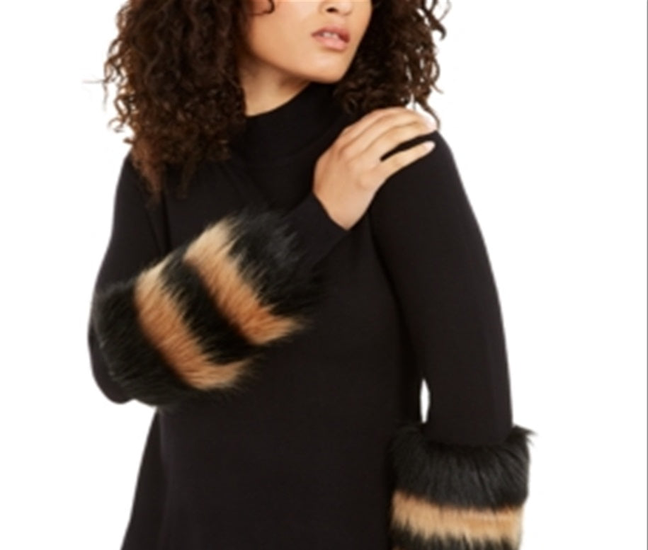 Alfani Women's Striped Faux Fur Cuff Sweater Black Size Small