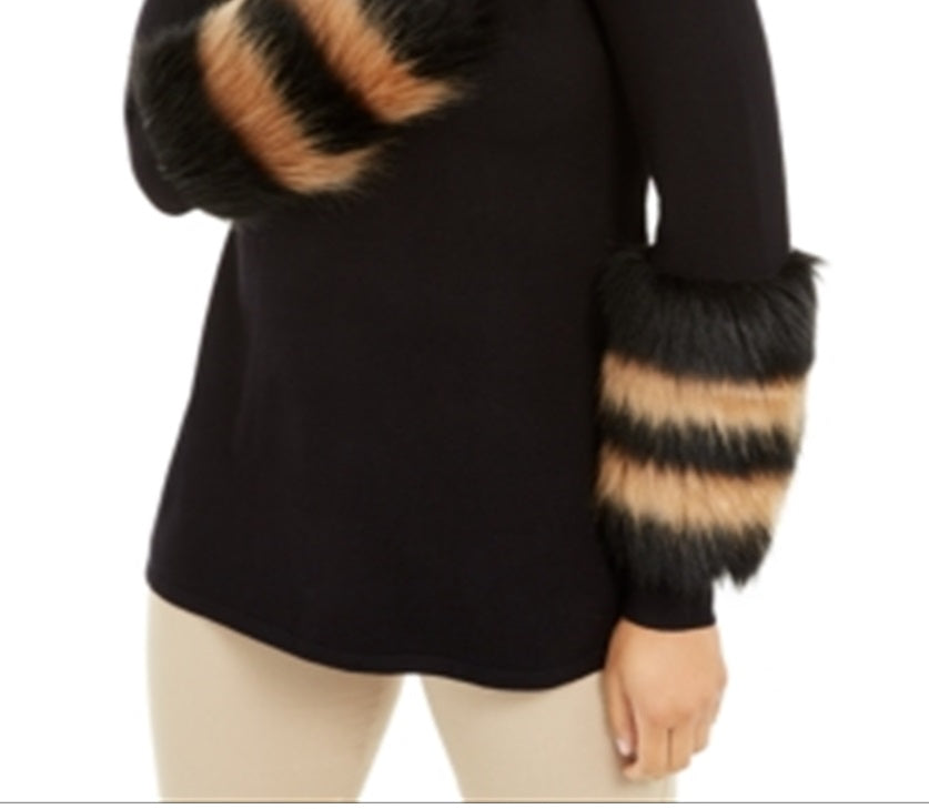 Alfani Women's Striped Faux Fur Cuff Sweater Black Size Small
