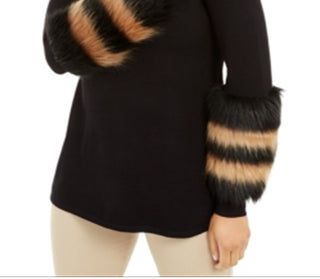 Alfani Women's Striped Faux Fur Cuff Sweater Black Size Small