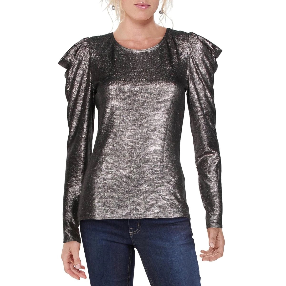 INC Women's  Solid Shiny Long Sleeve Crew Neck T-Shirt Party Top Black Size S