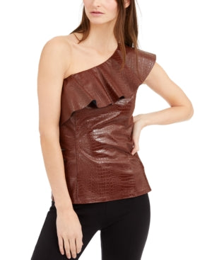 Inc International Concepts Women's Croc-Embossed Faux-Leather Top Brown Size XXL