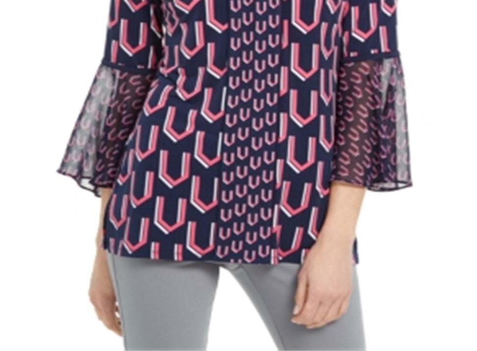JM Collection Women's Printed Bell Sleeve Tunic Blue Size XX-Large