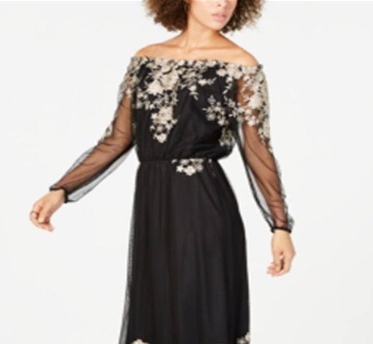 INC International Concepts Women's Embroidered Off the Shoulder Maxi Dress Black Size 10
