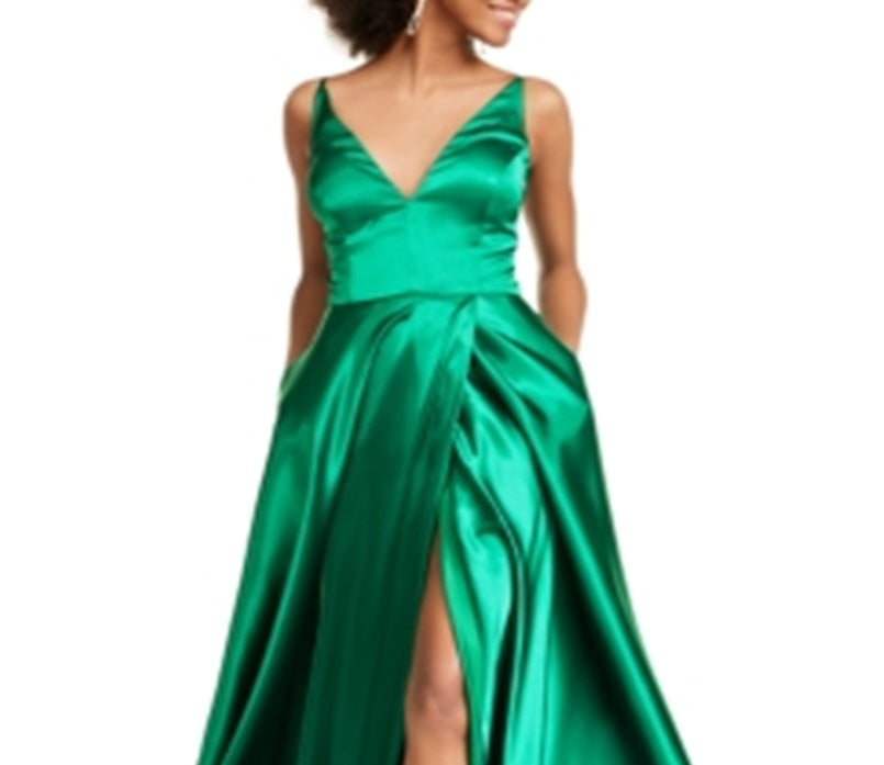 Blondie Nites Junior's Satin Lace up Plunge Gown Green Size 11