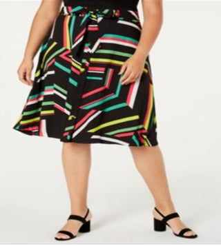 Bar III Women's Belted Button Front Printed Knee Length a Line Skirt Black Size 16W