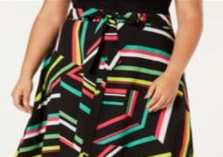 Bar III Women's Belted Button Front Printed Knee Length a Line Skirt Black Size 16W